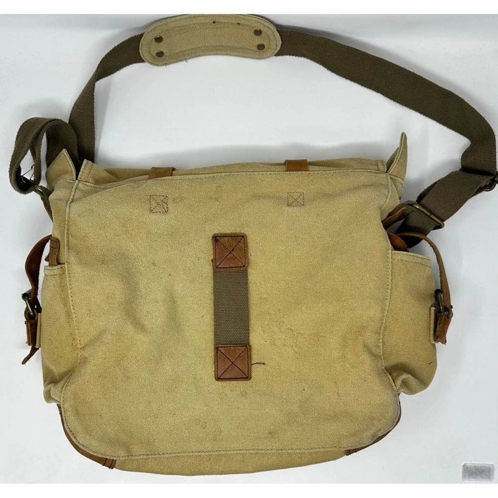 Sechunk Vintage Canvas Messenger Bag Leather Trim Khaki Satchel Laptop Bag Stain